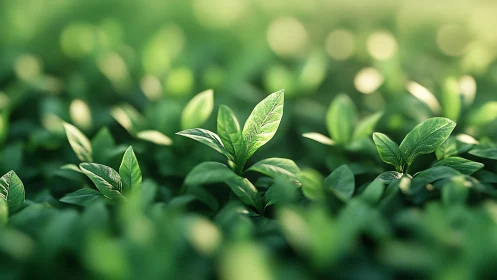 Macro depth-of-field study of sunlit green seedling leaves
