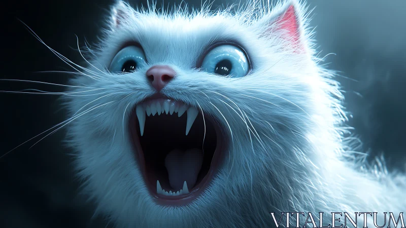 Hyper-detailed digital closeup of a fanged white cat portrait.