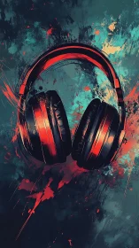 Vibrant red headphones amid teal abstract paint splashes.