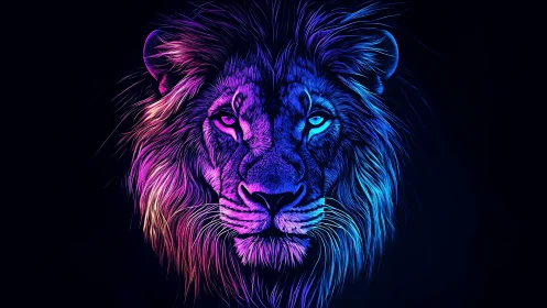 Neon-banded lion portrait renders symmetrical bioluminescent mane