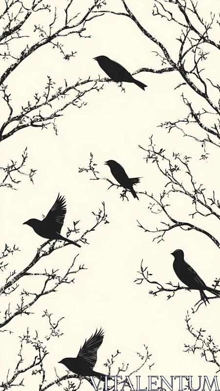 Silent Parliament: Five Birds Perched Among Winter's Skeletal Branches