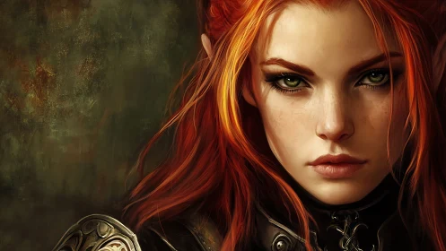 Fierce emerald-eyed elf warrior in burnished armor portrait.