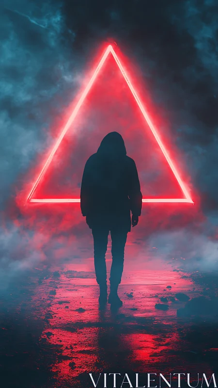 Silhouetted figure before red neon triangle in misty space.