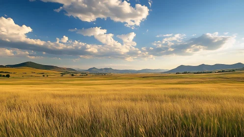 Golden prairie fields under a soft, wide open summer sky.