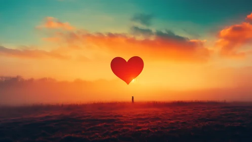 Heart Suspended Over Misty Fields at Sunrise