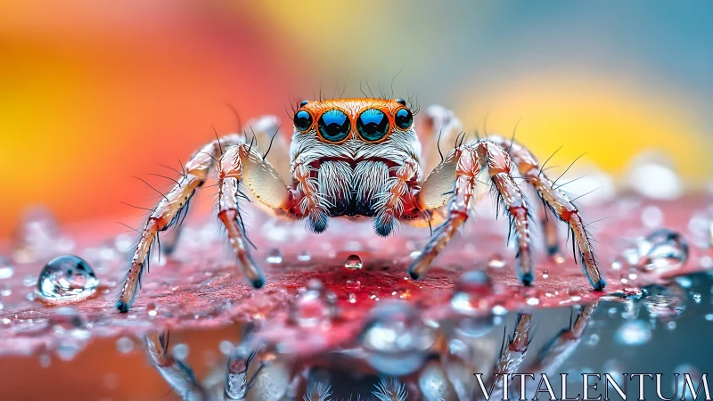 Jumping spider gazes from dewy leaf in vivid macro portrait.