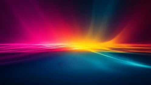 Radiant neon horizon with streaming prismatic light trails.