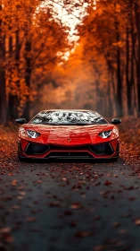 Red supercar parked on forest road in autumn light.