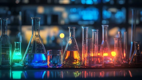 Chromatic laboratory glassware under neon scientific glow.