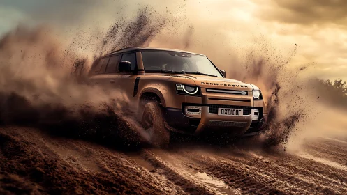 Off-road SUV powers through muddy terrain at high speed.