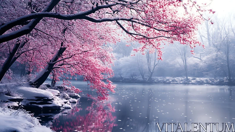 Blush petals ignite a winter river under silent snowfall.