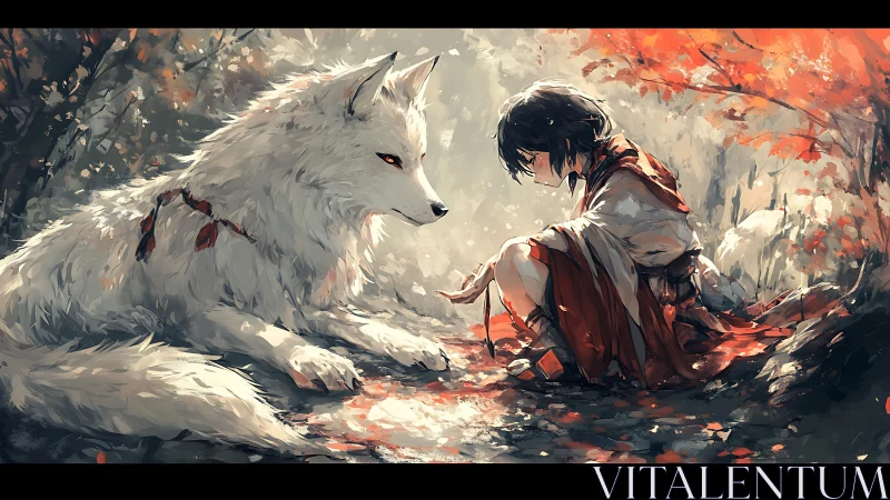 Girl and white wolf in quiet forest clearing at dusk.