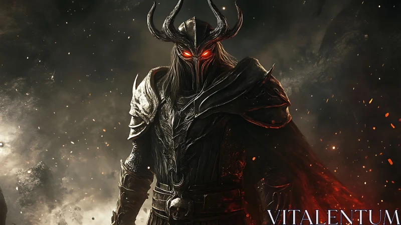 Dark armored warlord with glowing red eyes in smoke