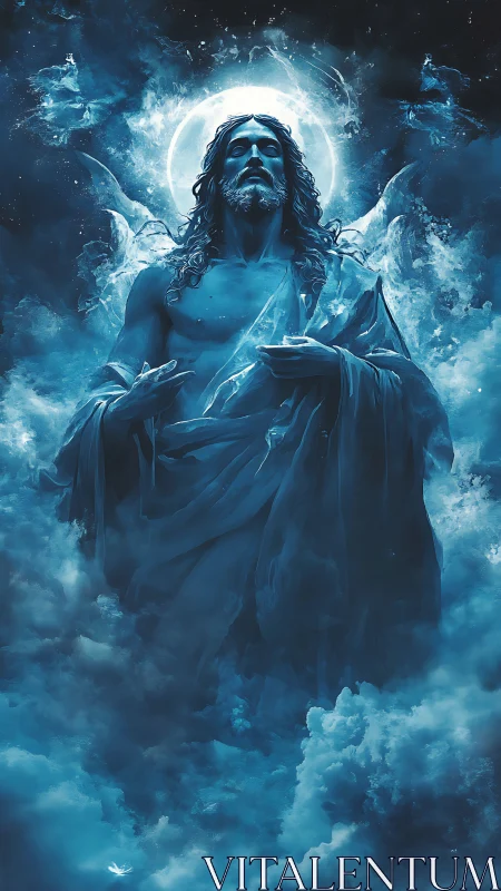 Majestic celestial figure emerging from glowing blue clouds.