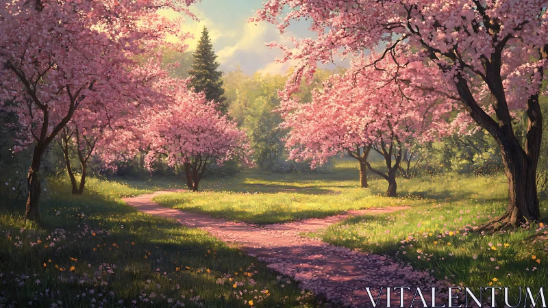 Sunlit spring path winding through pink blossom trees.