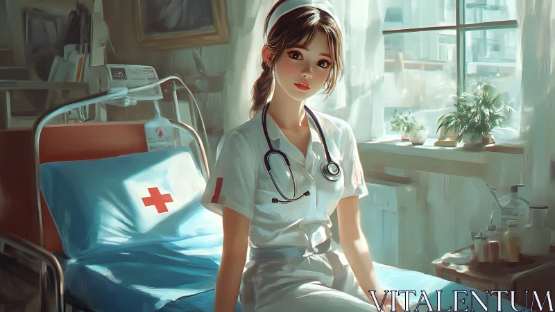 Young nurse sits in sunlit ward beside prepared hospital bed