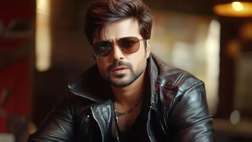 Cinematic close-up of man in leather jacket under warm bokeh lighting