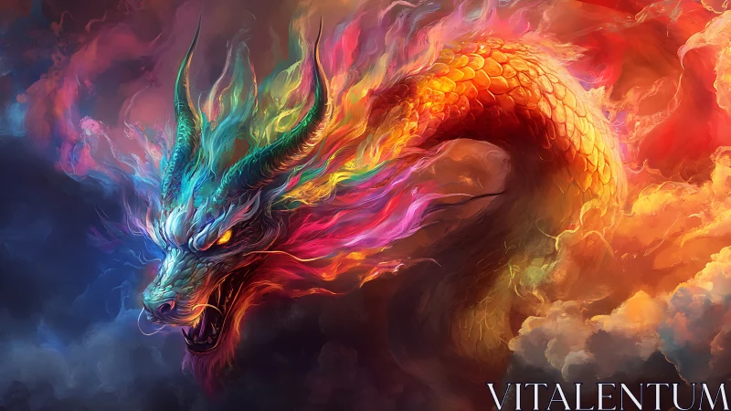 Storm of Color: Gentle Dragon Coiled in Painted Clouds.