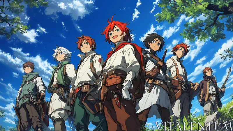 Anime adventurer party stands beneath vivid summer sky.