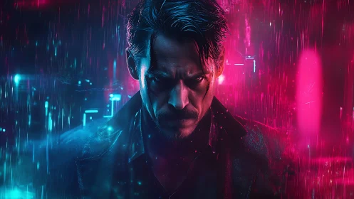 Brooding man in neon cyberpunk rain with intense stare.