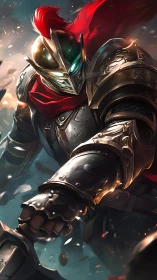 Gallant cyber-knight charging through sparks and stormlight.