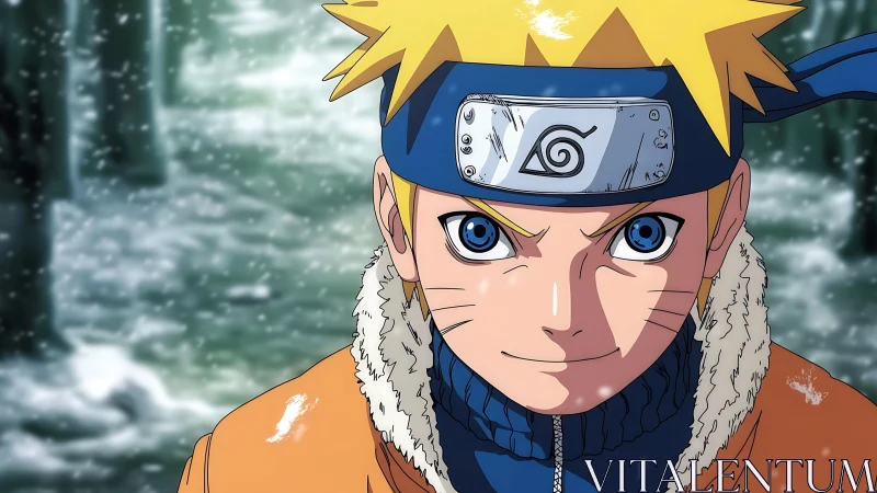 Snow-dusted ninja gaze blazing through the silent forest.