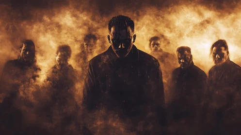 Dark band silhouettes emerge through fiery swirling fog.