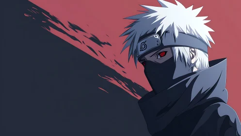 Masked silver-haired ninja portrait with stark duotone contrast