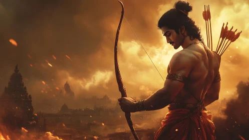 Warrior archer with bow before burning ancient city skyline.