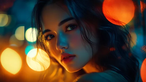 Moody neon portrait captures wistful gaze in glowing bokeh haze