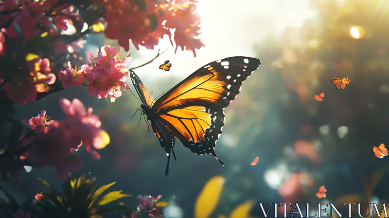 Monarch butterfly in luminous bokeh-saturated floral flight field.