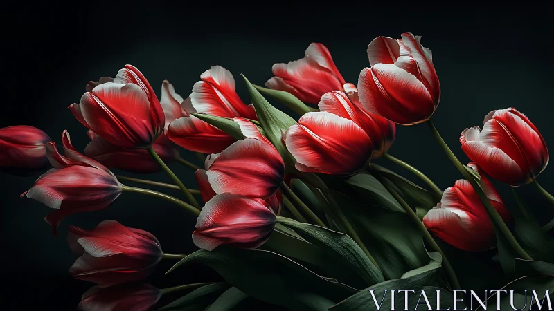 Red and White Tulips Against Dark Background
