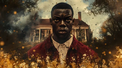 Digital portrait of man before aged rural house facade.