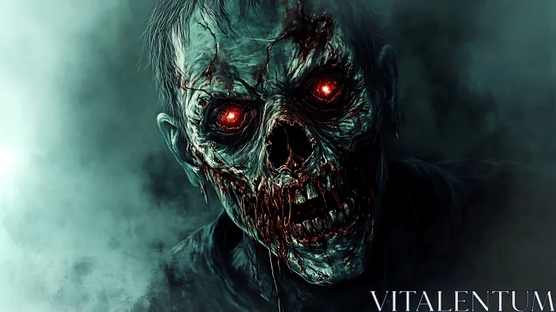 Rotting zombie skull stares forward with glowing red eyes