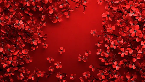Red flowers on red background with central negative space