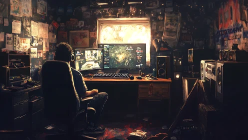 Immersive gamer workstation bathed in cinematic backlight.