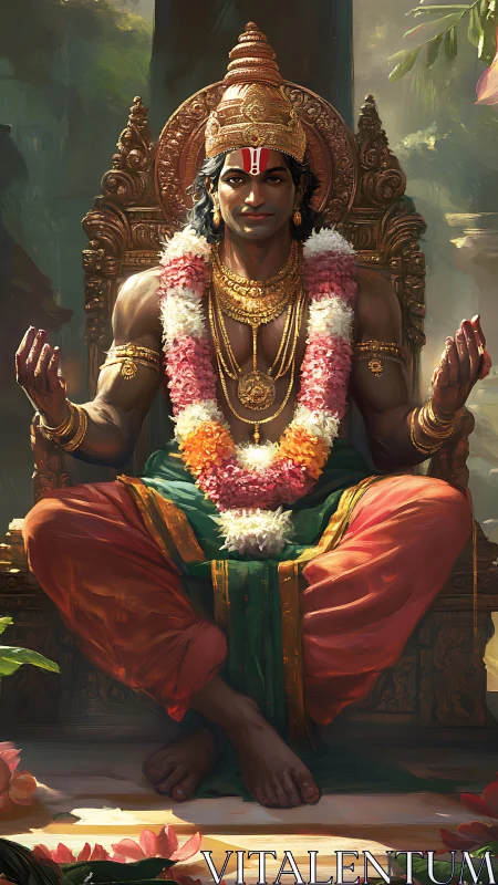 Seated crowned figure on ornate throne in frontal symmetrical pose