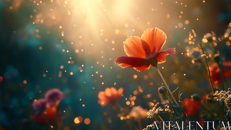 Luminous Orange Flower Blooms Against Golden Bokeh Background