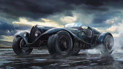 Streamlined vintage roadster on wet terrain under clouds.