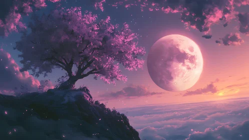 Moonlit blossom tree above the soft cotton candy clouds.