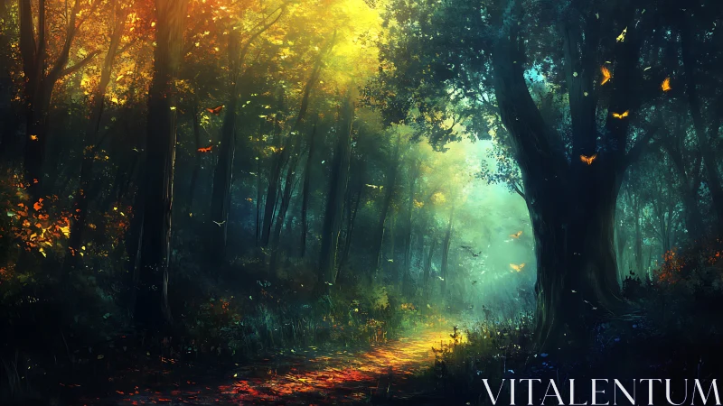 Enchanted forest pathway with golden light and flying butterflies