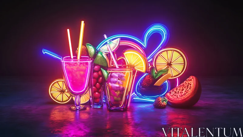 Neon cocktail still life with glowing citrus and fruit slices.
