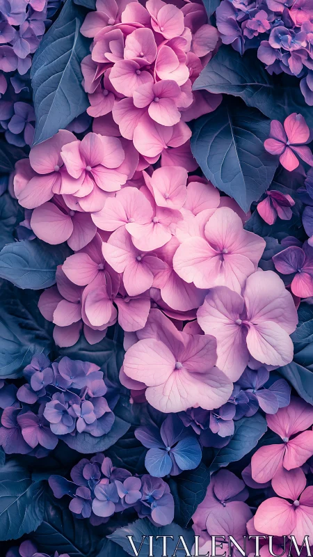Pink Hydrangea Flowers With Blue-Toned Foliage Overhead View.