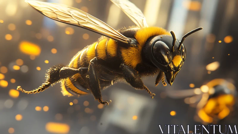 Macro close-up of detailed flying bee in soft bokeh light.