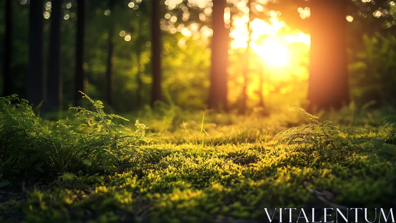 Sunlit forest floor with ferns in soft golden morning light, nature scene.