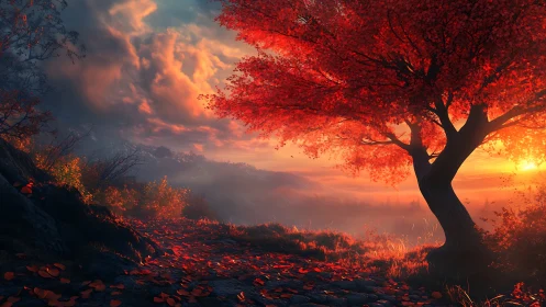 Glowing autumn tree welcoming the sunset’s gentle embrace.