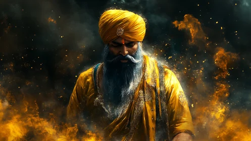 Warrior monk in golden robes amid swirling firestorm.