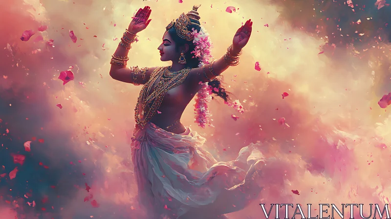 Celestial dancer scatters rose-lit clouds in jeweled motion