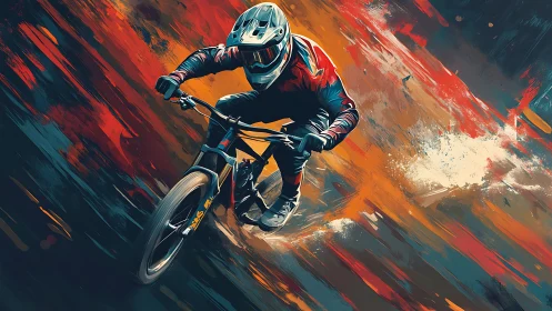 Downhill mountain biker races through abstract color storm.