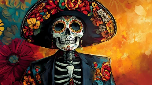Stylized D&iacute;a de Muertos skeleton portrait in vivid floral regalia